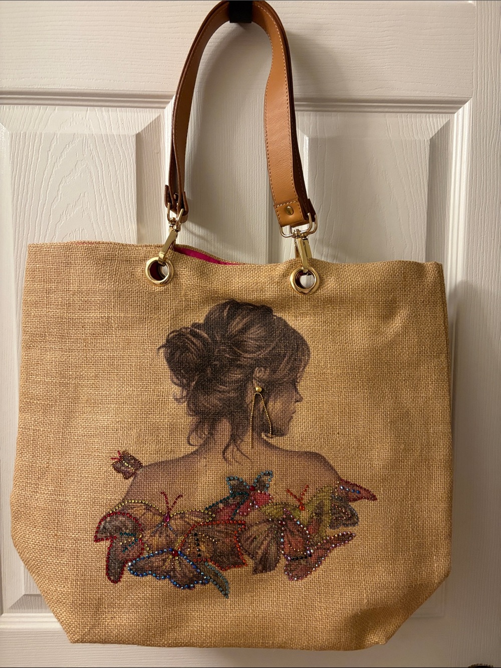 -Illustrated Burlap Tote Bag with Leather Handles - Natural Tan